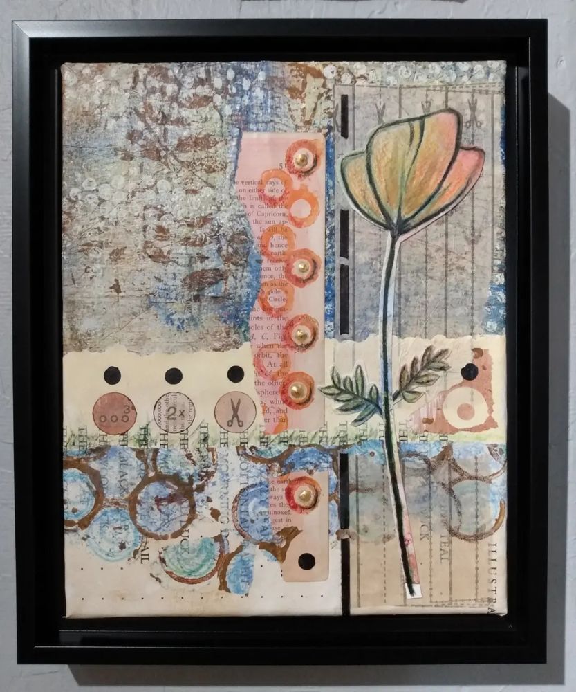 Abstract collage in blues, brown, and orange. A large California poppy is a design element. 