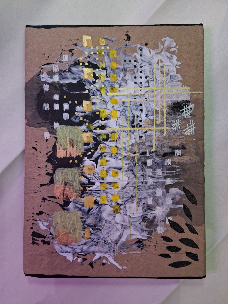 A series of 3 mixed media abstract paintings in brown, black, white, silver, gold, yellow, and green. Distractions.