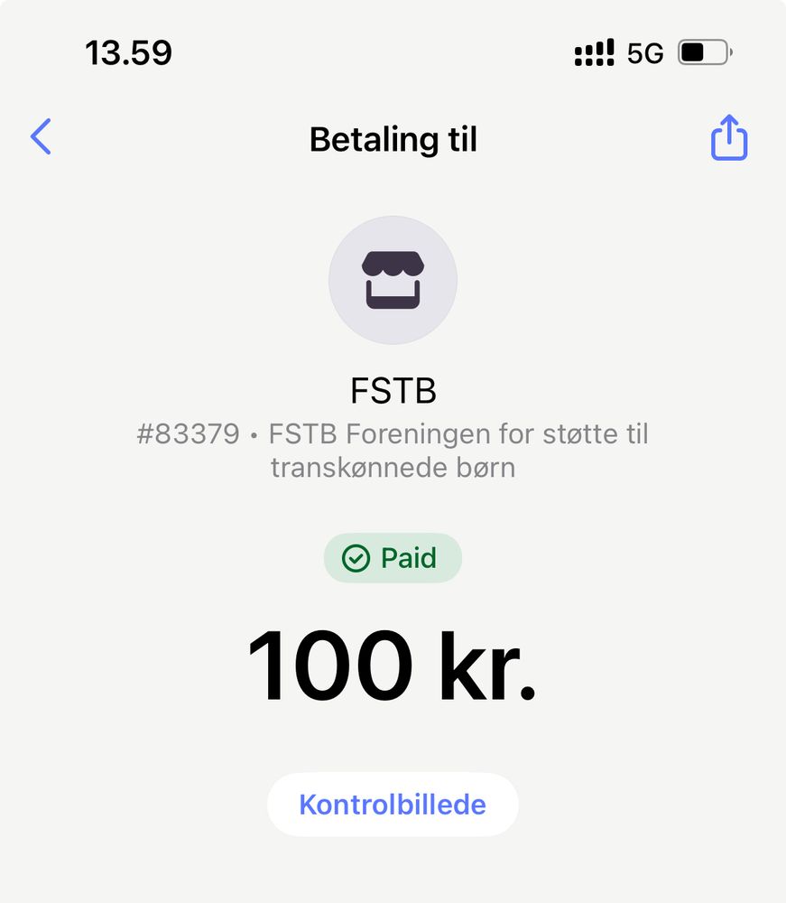 MobilePay-donation på 100 kr. til Foreningen for støtte til transkønnede børn.