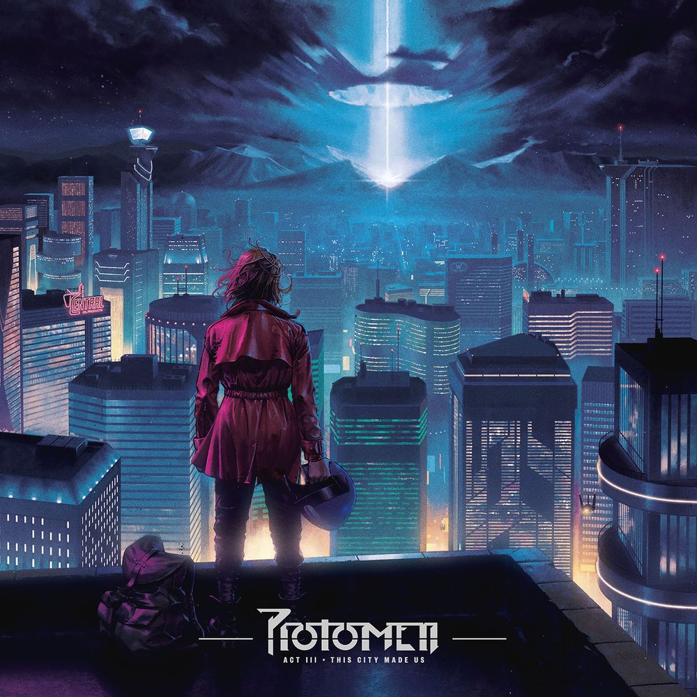Cover art for the album "Act 3 - This City Made Us" by The Protomen:

A woman in a red leather jacket looks out over a futuristic city - in the distance, a beam of light is piercing through the clouds and into the night sky.
