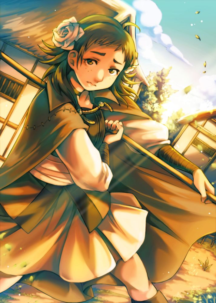 Mozu holds her naginata in both hands at the end of a low, wide sweeping arc. Her left hand extends towards the blade while her right hand it pulled in towards her chest. She wears plain clothes, a large hair flower, and a serious expression. Houses and trees are pictured, undamaged, behind her. Leaves flutter in the wind and sunlight streaks across the image perpendicular to the naginata.