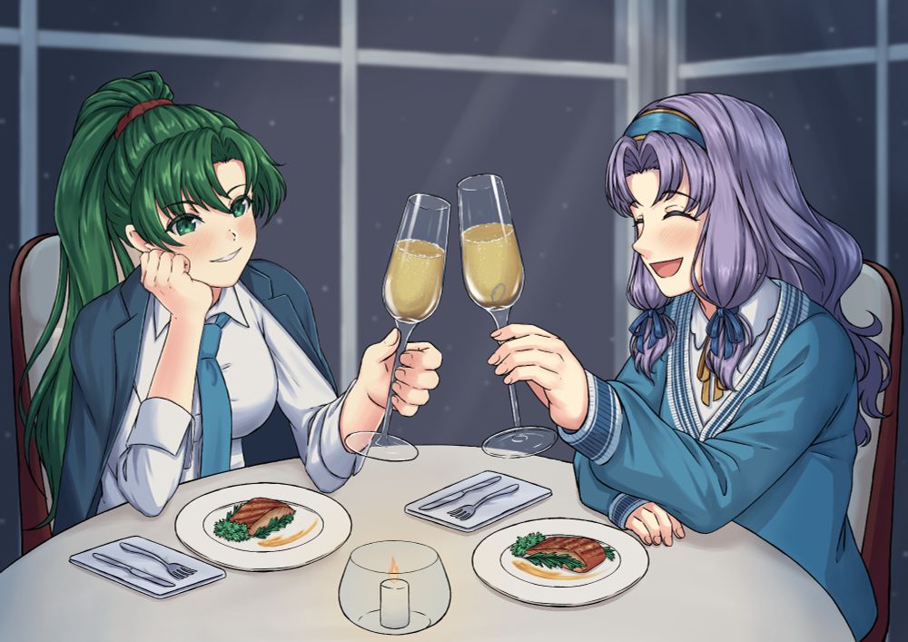 Lyn and Florina clink their champagne glasses together at a dinner table. Lyn (left) wears a suit jacket draped over her shoulders and looks in adoration at her date. Florina (right) wears a low v-neck sweater, ribbons ties, and a headband. Her eyes are shut and she has a cheerful grin. Small flakes of snow can be seen out the windows behind them. Their plates both have grilled salmon with leafy garnishes and a decorative smear of sauce. At the bottom of Florina's bubbly drink, a silver ring with a small rectangular yogo sapphire can be faintly seen.