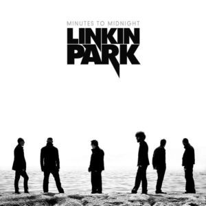 Album cover for Linkin Park's Minutes to Midnight. Six silhouettes on a white background, standing on a natural surface.