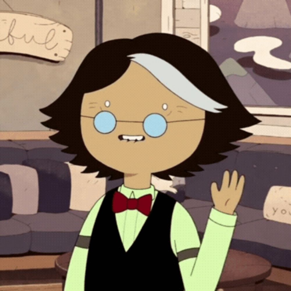 a cartoon character wearing glasses and a bow tie waves his hand