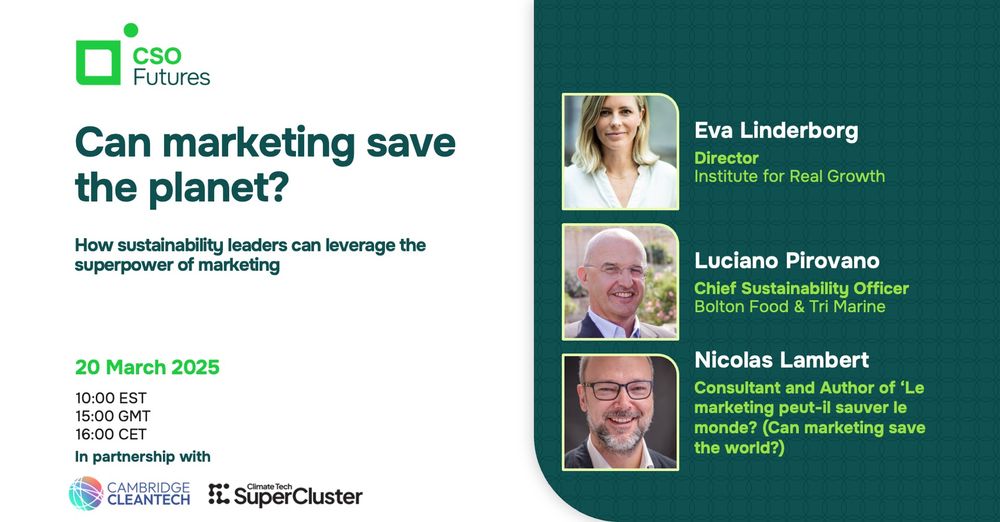 Webinar card containing speaker headshots. It's titled "can marketing save the planet?" How sustainability leaders can leverage the superpower of marketing. 