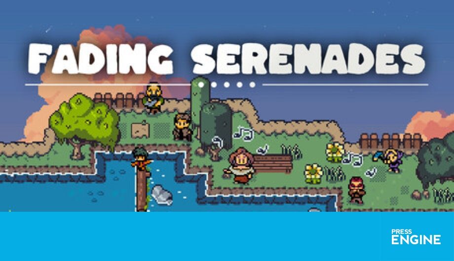 A retro pixel-art picture of a island with a stream running through it. A player is balancing on a log across the stream. Other characters stand on the island which appears to be floating in the sky.