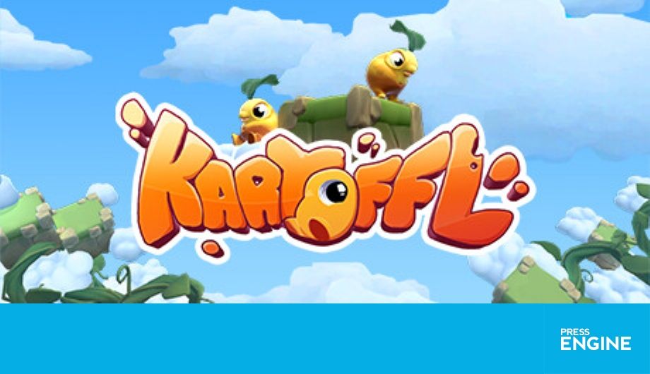 Cartoon spuds stand on a grassy platform looking out of the word "Kartoffl". The background is fulled with blue sky and fluffy white clouds.