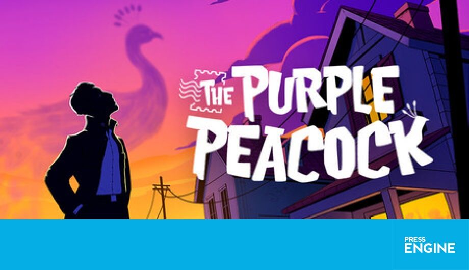A cartoon of a man standing in front of a building. In the background, an orange and purple sky has a shadow of a peacock.
