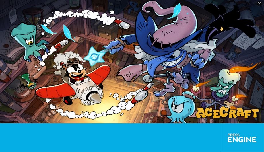 A cartoon character is flying in a plane around the interior of a shelved room. Evil characters are trying to hit the plane which the player battles on.
