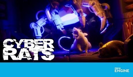A robot hand is descending around an angry rat. There is a blue light eminating from the robot hand. In the bottom left of the image Cyber Rats, in a grungy style font.