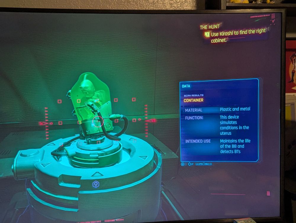 Screen cap from the mission The Hunt in Cyberpunk where an Easter Egg of BB from Death Stranding can be found. 

The view of it through a Kiroshi scan where it talks about how the BB detects BTs. 