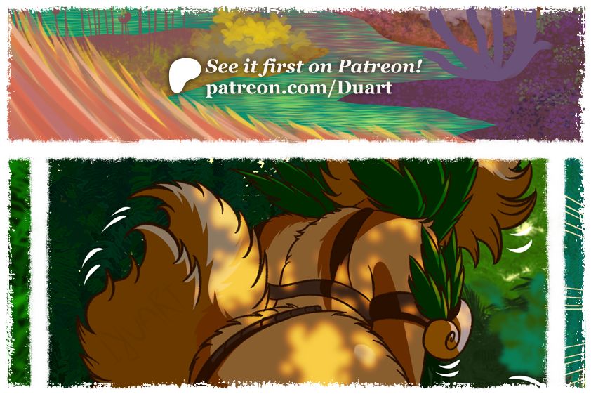 In the upper panel of the sheet, the edge of a stream. In the lower panel, a tribal rabbit preparing to jump.