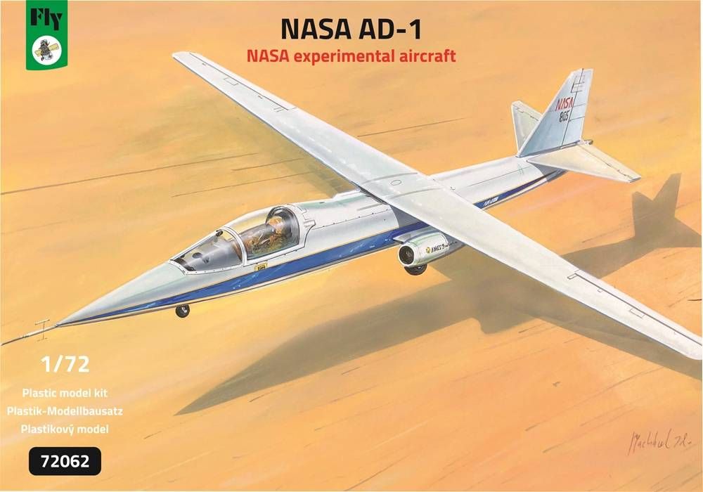 A promotional image for a 1/72 scale plastic model kit of the NASA AD-1 experimental aircraft is depicted.

The scene composition focuses on the aircraft itself, which is centrally positioned.  The aircraft is angled slightly downward, giving a dynamic impression of flight or imminent landing.  The background and foreground are relatively plain, featuring a sandy or desert-like surface. The overall aesthetic seems to highlight the technical details of the aircraft and the model kit.

The key subject is the NASA AD-1 experimental aircraft, presented in a detailed, somewhat stylized representation. The aircraft's wings, fuselage, and cockpit are clearly delineated, and the image appears to show fine lines and shading, intended to convey the aircraft's form and structure.  The plane is shown in a three-quarter view, presenting its various parts and elements. The background and foreground are relatively plain, focusing the viewer's attention on the aircraft.

The artistic medium is a detailed illustration, likely produced using digital painting software. The image has a relatively flat color palette, with muted tones and colors predominantly light beige and white. The style seems illustrative rather than photorealistic, but the details are quite precise.  There is a stylistic rendering of shadows and highlights which help to create a sense of depth and dimension.

The setting appears to be a desert or arid plain, with a pale sandy-tan tone. The lighting is consistent, indicating a strong, likely overhead light source that is casting shadows that add to the image's sense of three-dimensionality. The simple setting helps to emphasize the subject itself.  The plain background allows the viewer to focus on the plane and its intricacies.