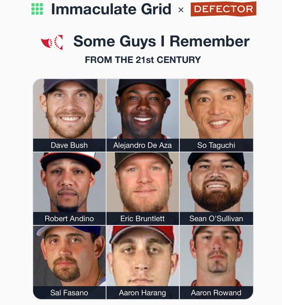 A grid of 9 baseball players from the first quarter of the 21st century:
Dave Bush
Alejandro De Aza
So Taguchi
Robert Andino
Eric Bruntlett
Sean O'Sullivan
Sal Fasano
Aaron Harang
Aaron Rowand