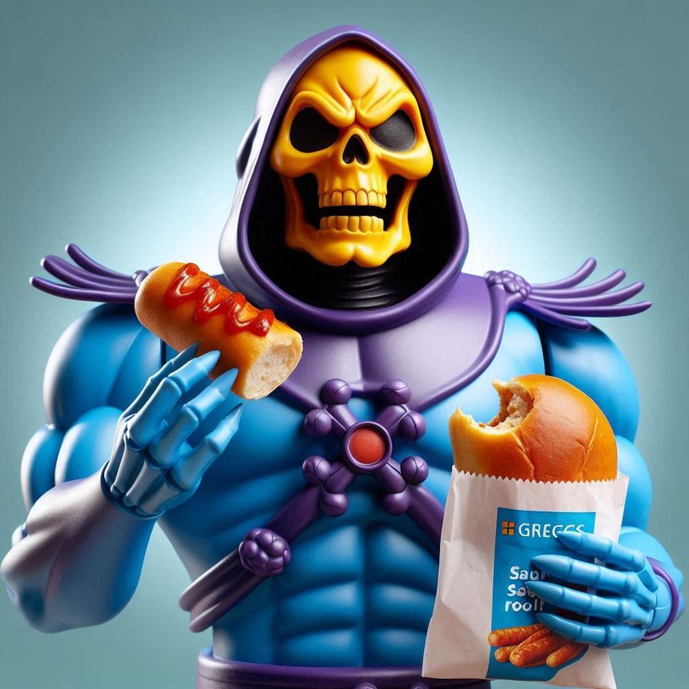 Skeletor has been to Greggs. In one hand he's holding a sausage roll and in the other is a sausage sandwich in a bun