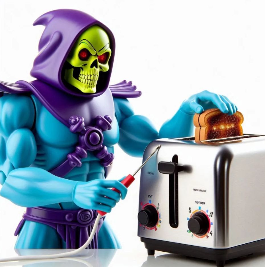Skeletor from Master of the Universe is performing a PAT test on a toaster
