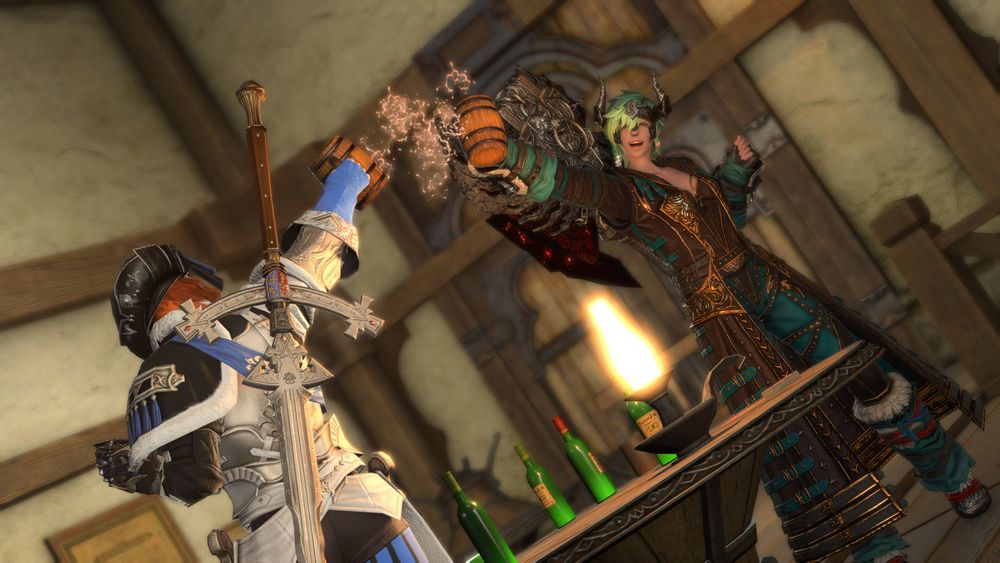 The perspective shows Quiltus sharing a toast with Scarlet at The Forgotten Knight.