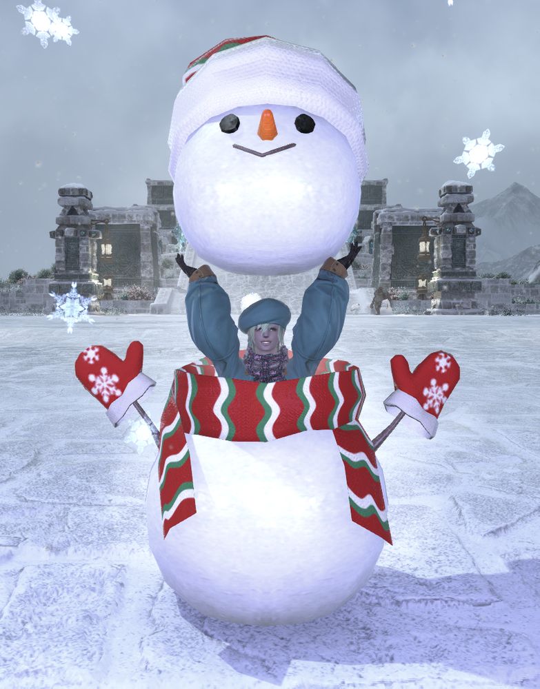 Quiltus pops out of a snowman with a cheerful smile, a nice cool light playing off her warm grin.