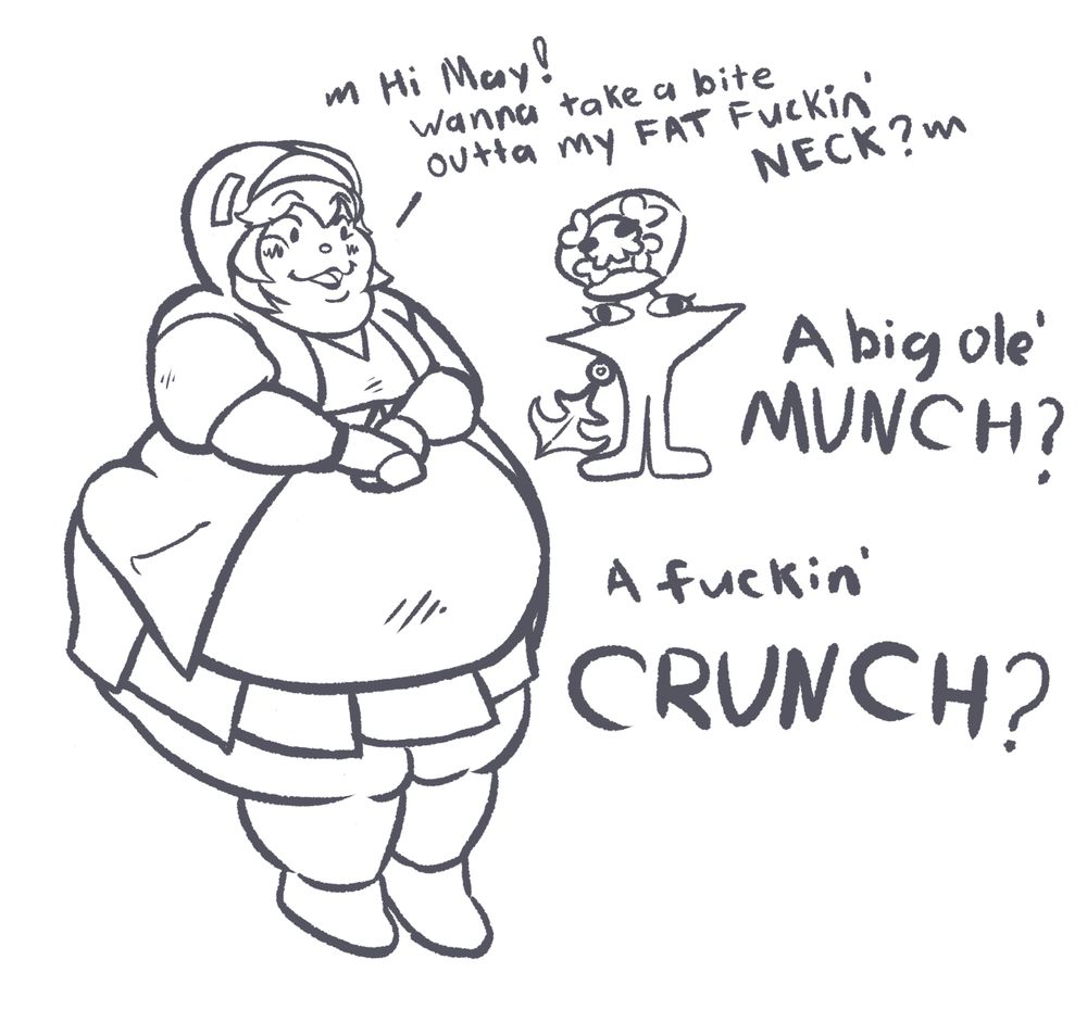 obese bridget from guilty gear strive, and star   walker from deltarune with a may hat and anchor, also from guilty gear strive.
text: Hi May! wanna take a bite outa my FAT FUCKIN' NECK?  A big ole MUNCH?  A fuckin' CRUNCH?