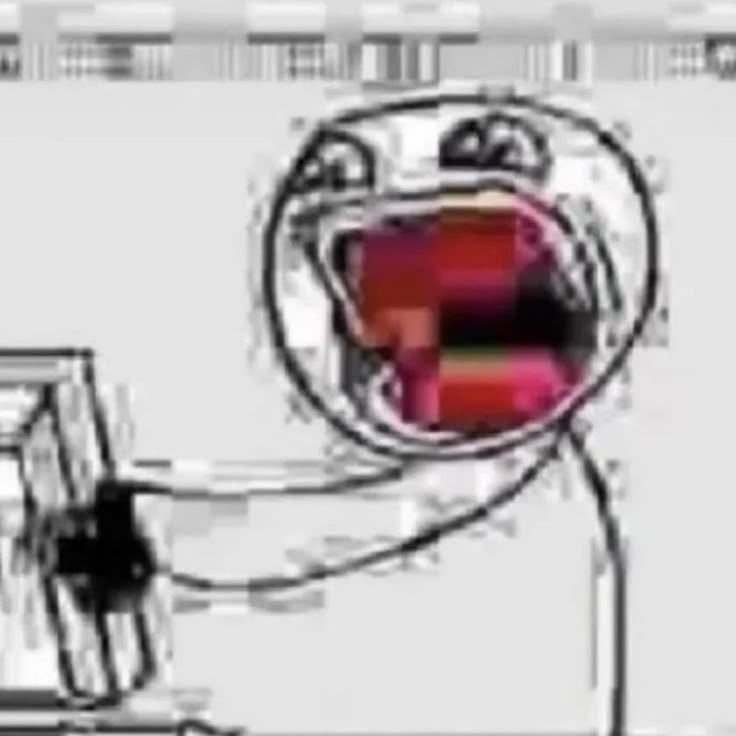 blurry pixelated stick man with a wide red mouth and upset eyes screaming and shaking a computer monitor 