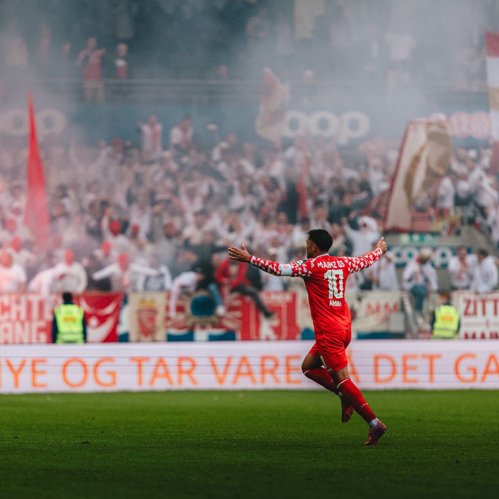 Mainz 05 captain Nadiem Amiri celebrates his goal against Rosenborg BK in a UEFA Conference League qualification match in Norway. 
