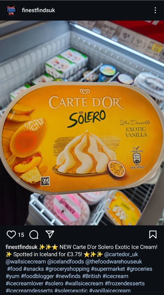 Screenshot from Instagram, showing a new Solero/Carter D'Or ice cream tub collaboration