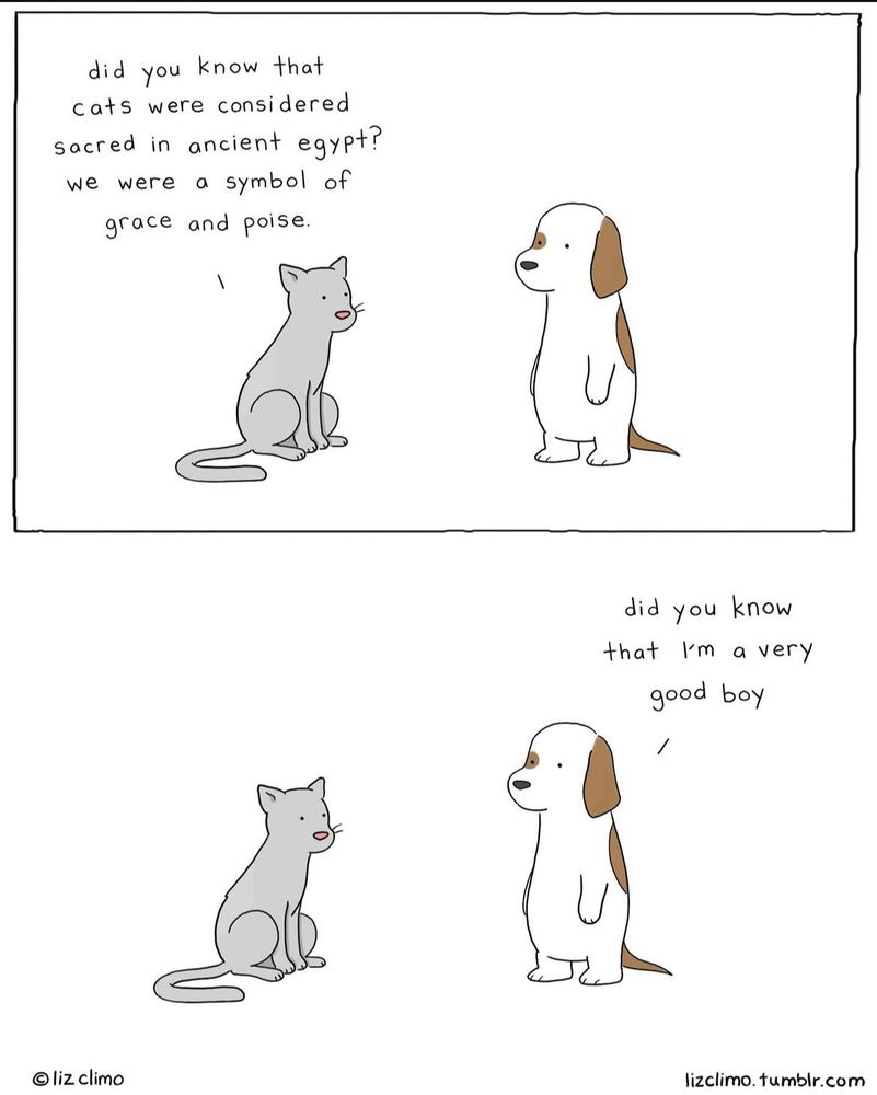 Liz Climo cartoon. A gray cat tells a dog, “did you know that cats were considered sacred in ancient egypt? we were a symbol of grace and poise.” The dog replies, “did you know that I'm a very good boy.”