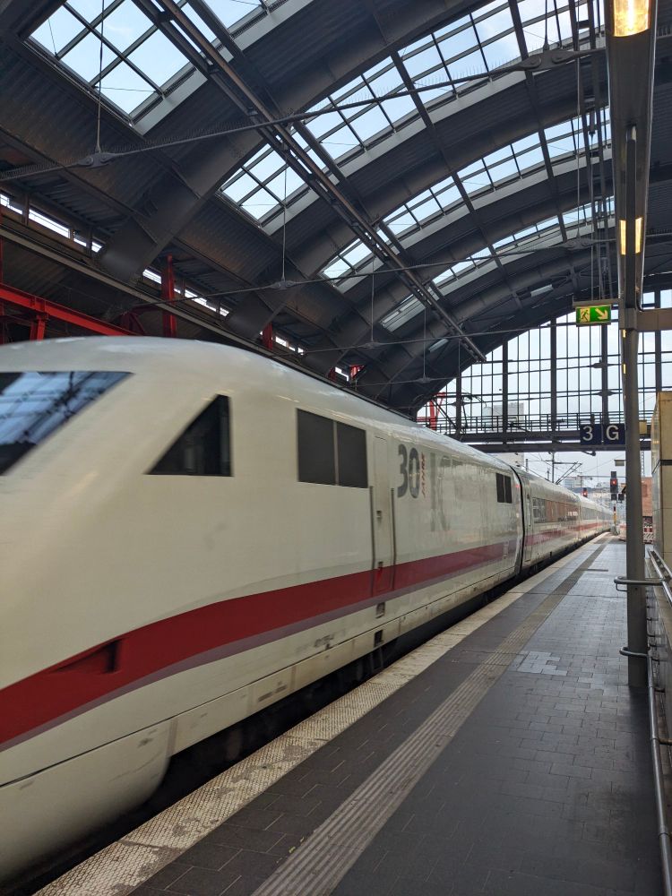 Ein ICE 1 fährt am Bahnsteig im Berliner Ostbahnhof ein, im Vordergrund ist der Triebkopf. Der Triebkopf trägt links neben dem "ICE"-Schriftzug auch den Schriftzug "30 Jahre", wobei das Wort "Jahre" senkrecht geschrieben wird und aus der Ferne wie ein "I" aussieht.
Der Zierstreifen des Triebkopfes ist wie bei der Einführung des ICE 1 orientrot und pastellviolett.