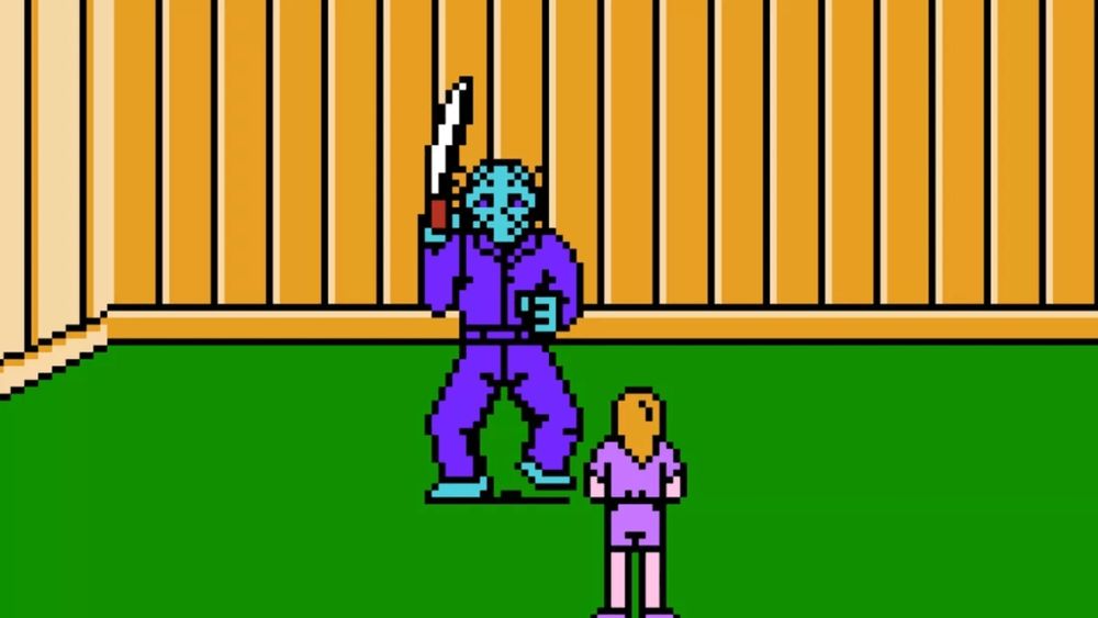 Friday The 13th for the NES, Jason with his machete in a Punch-Out style combat encounter with a camp counselor.