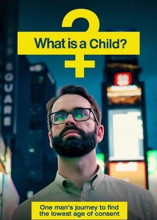 A Photoshop parody of the Matt Walsh "documentary" What Is A Woman that's called What Is A Child where he's in a portrait with a blurred city, and a text box says "one man's journey to find the lowest age of consent." 