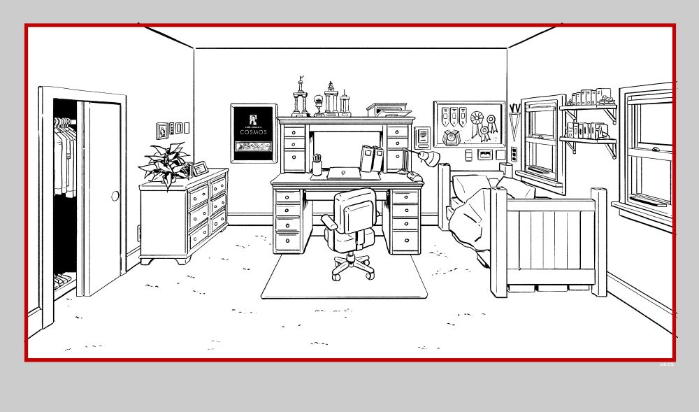 Black and white drawing of a beadroom