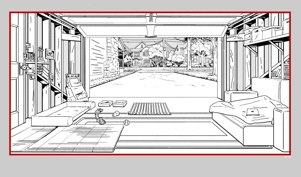 Black and white drawing of a garage onvereted into a bedroom