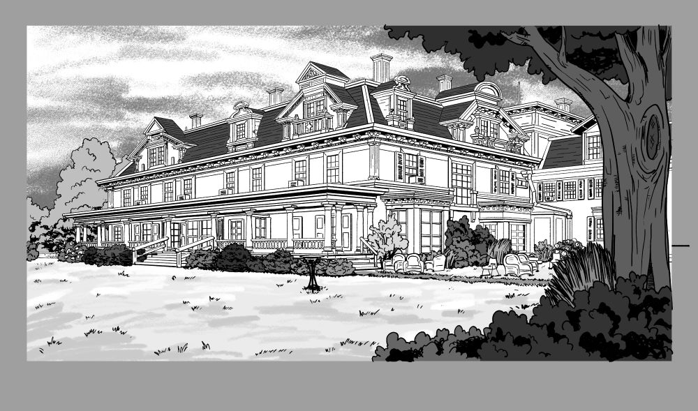 Black and white drawing of a Mansion