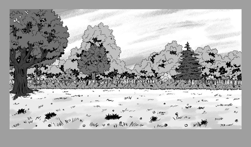 Black and white drawing of a meadow