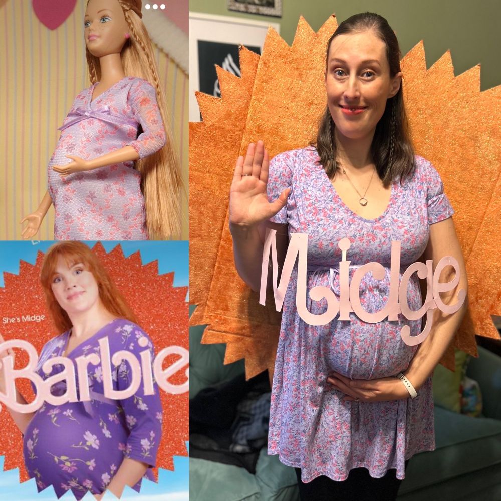 Photos of Midge, the pregnant Barbie as a doll, played by Emerald Fennell in the Barbie movie, and of a Halloween costume mimicking the doll and movie promotional still with a cardboard starburst backdrop and pink sign in Barbie font reading “Midge.”