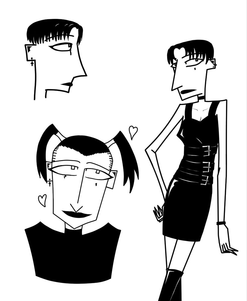A drawing of the same girl, Devi, from Johnny The Homicidal Maniac, three times. One is a profile image of her head only with a neutral expression. One is a bust shot of her with a smitten smile and pigtails. There's a couple of hearts around her. The last is her from the mid calf up in a black dress with straps and buckles.