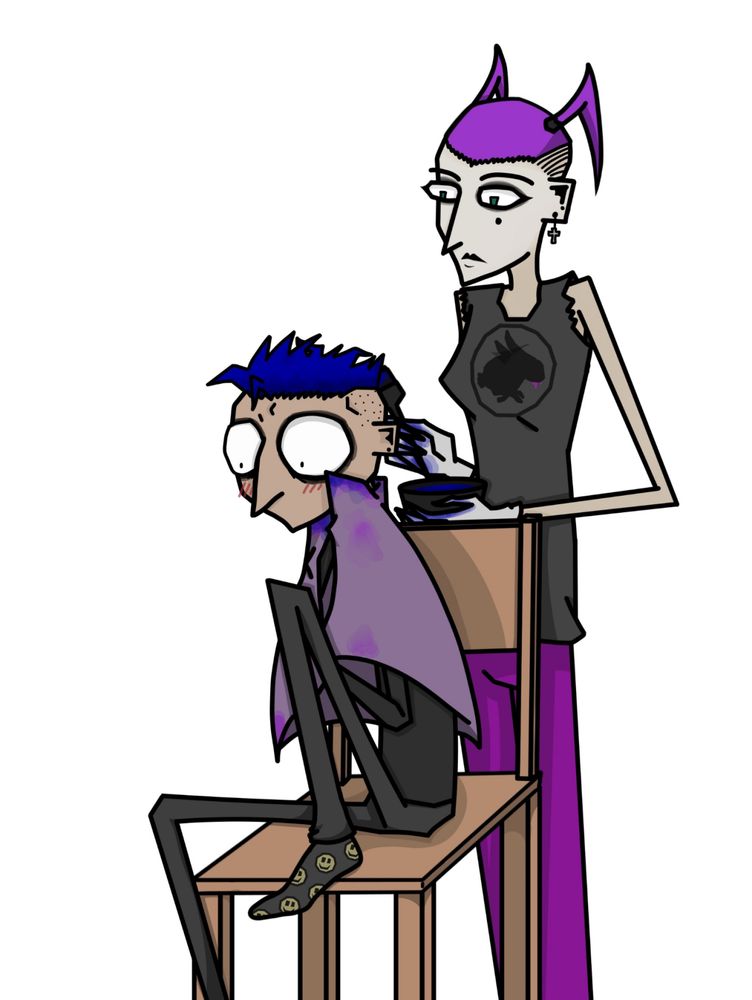 A drawing of Nny and Devi from Johnny The Homicidal Maniac. Johnny is sitting in a chair with wide eyes and a stained towel around his shoulders while Devi dyes his hair blue. He looks flustered with a blush on his cheeks, which Devi seems oblivious to.