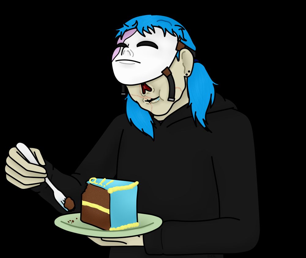 Sal from Sally Face eating a slice of chocolate cake.