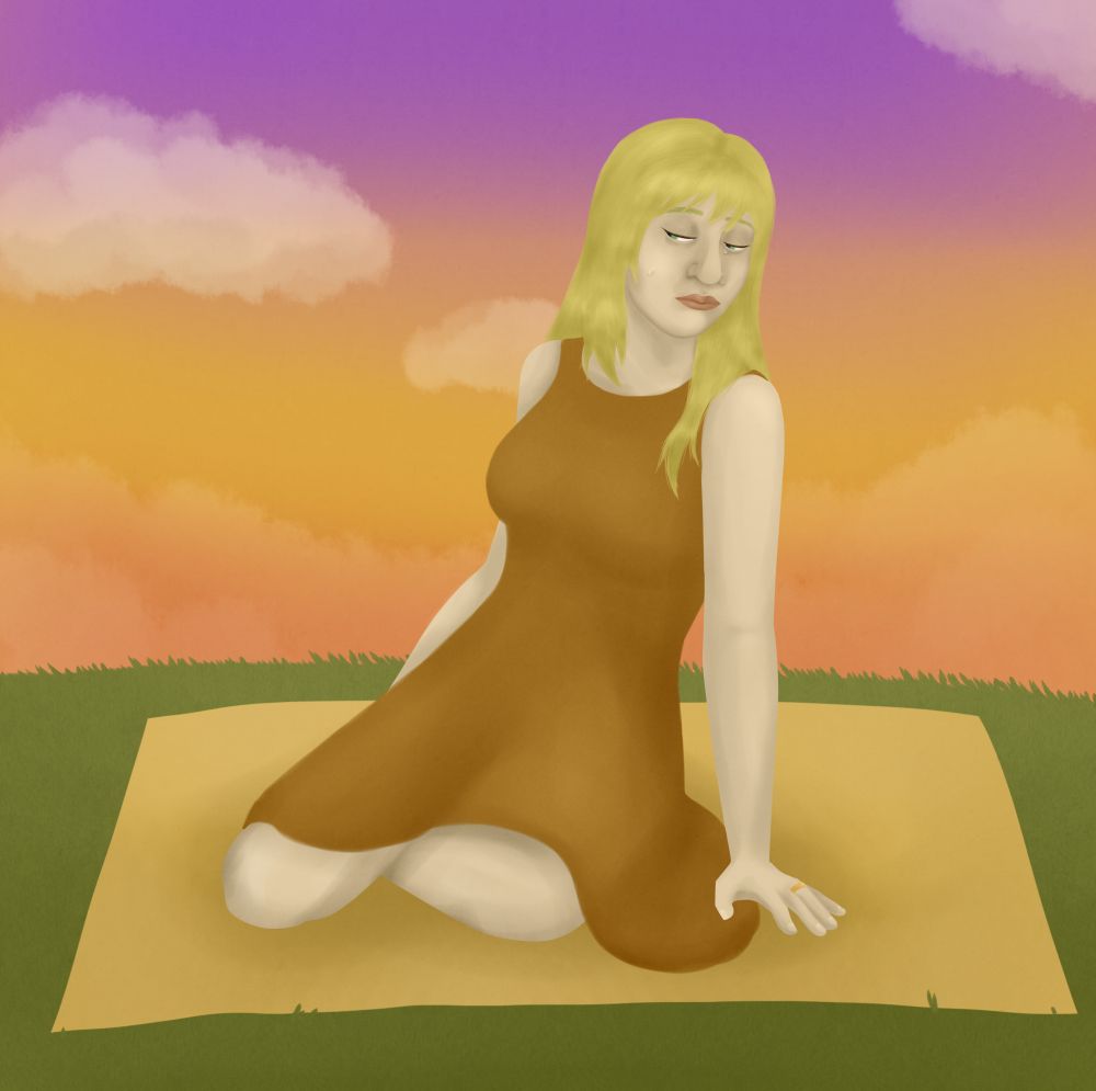 A digital painting imitating the art style of a renaissance oil painting showing Diane Fisher from Sally Face sitting on a picnic blanket. Diane is a light skinned woman with blonde hair in a brown dress. She has her eyes mostly closed and tears run down her cheeks as she cries silently.