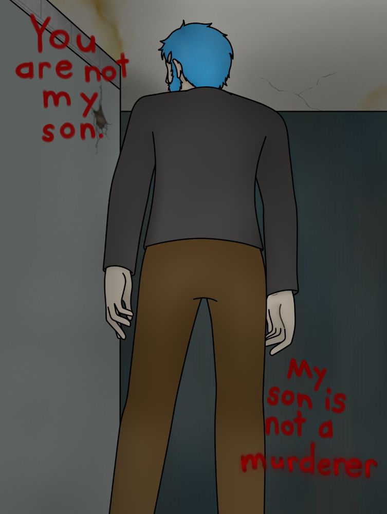 A point of view drawing from low behind Henry Fisher from Sally Face. Henry is a light skinned man with electric blue hair and a beard. He is turned away from the viewer and in a dilapidated house.