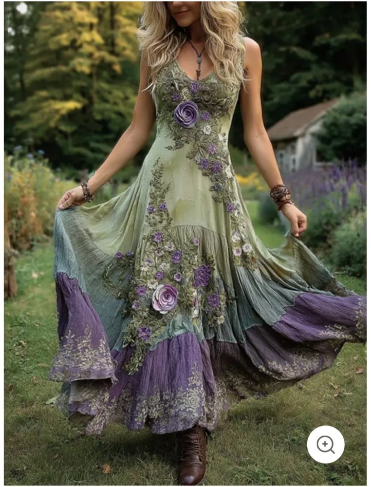 Green and purple embroidered dress