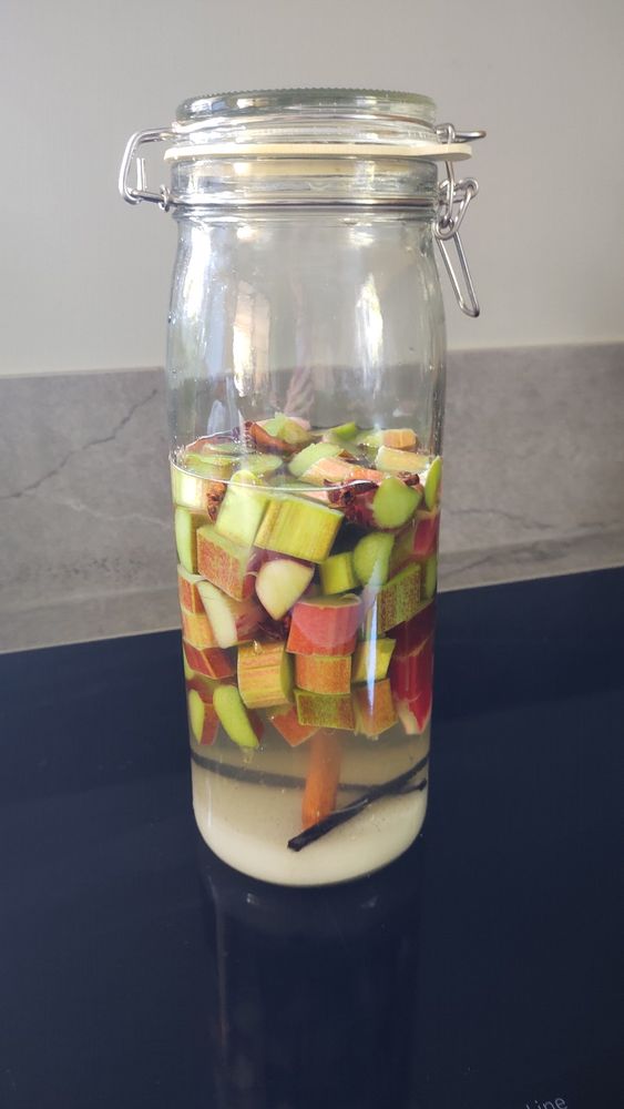 Pot met rabarberstukjes, wodka, suiker, vanille, kaneel en steranijs. 
