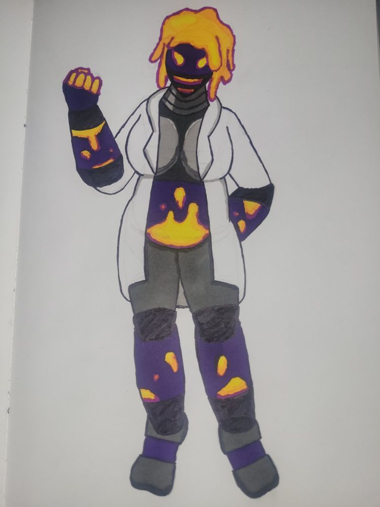 A lava lamp-esque robot woman, some of the liquid within forming her hair; she dons a white lab coat