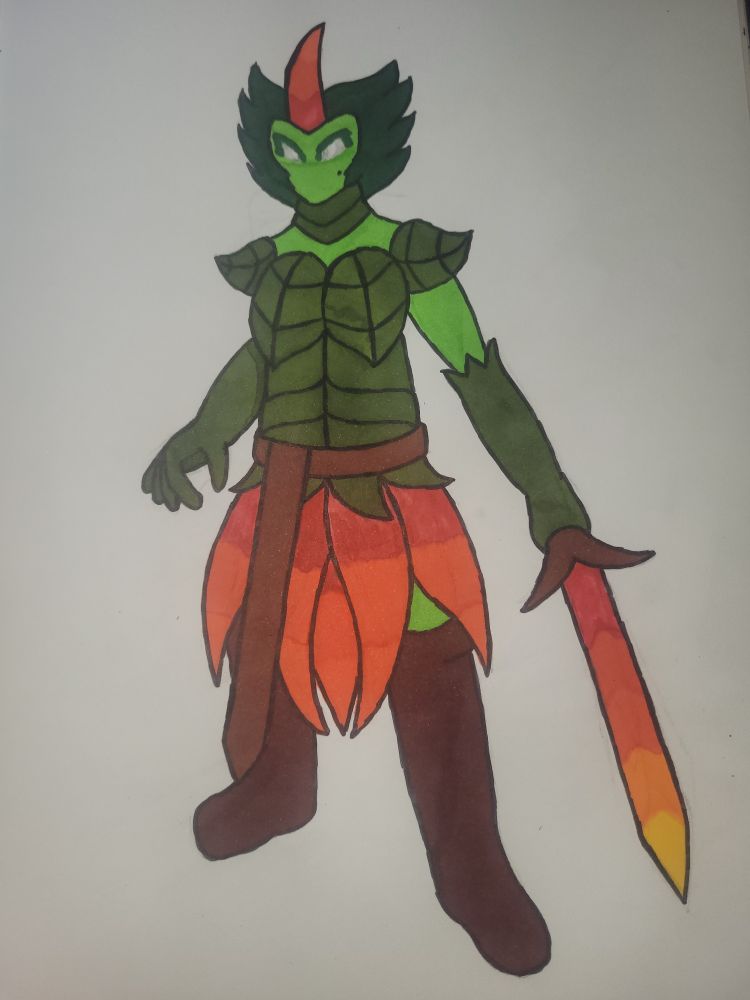 A green-skinned woman donning armour made of leaves and petals and wielding a sword