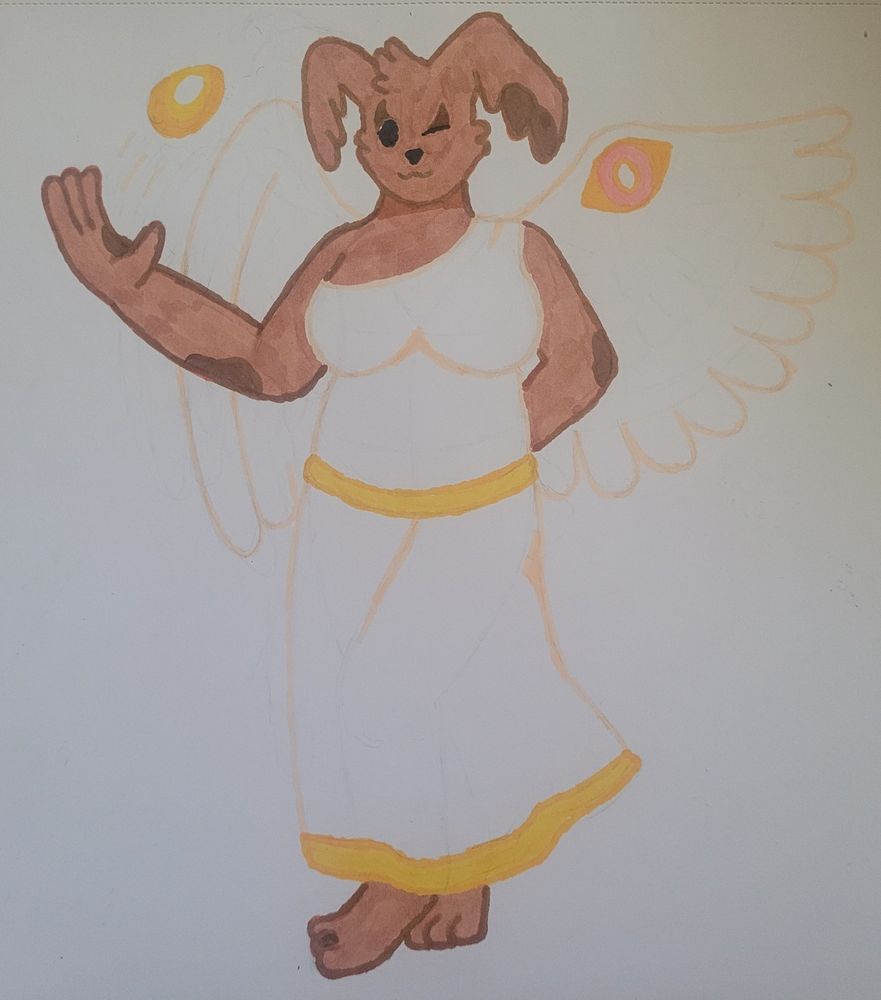 A brown anthropomorphic bunny with patches of darker fur, ears that bear a slight resemblance to wings, and actual angelic wings that bear an eye. She wears a simple white dress with gold highlights, and throws a golden egg into the air, looking at the camera.