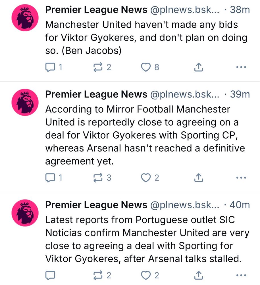 Posts from a PL news account that says Gyokeres is signing for either Manchester United or Arsenal.