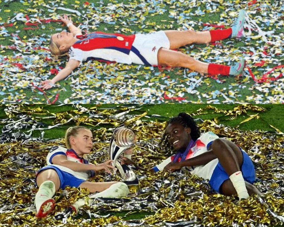 Collage of 2 images.
Above: Chloe Kelly after Arsenal's CL win.
Below: Chloe Kelly and Michelle Agyemang after England's Euro win.