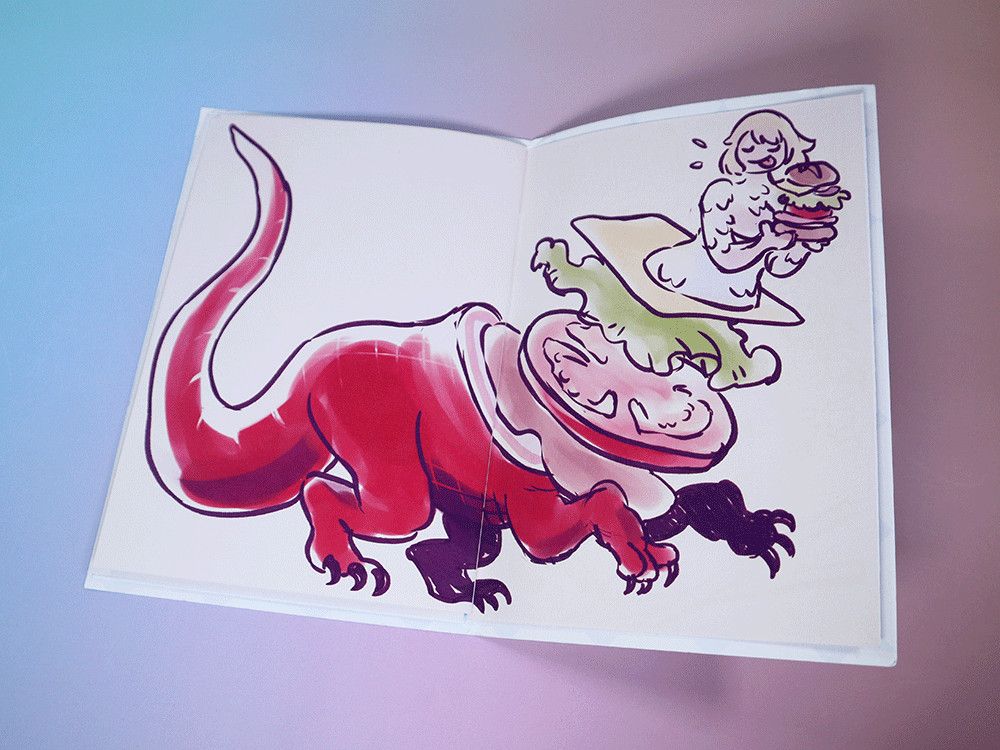 A cartoony drawing of Falin from Dungeon Meshi in chimera form, except her torso has been sliced in half and there slices of cheese, lettuce, tomato and ham in between Falin's top half and bottom half like a sandwich. She is smiling with her eyes closed and holding a sandwich with the same ingredients. It is a double page spread in a zine