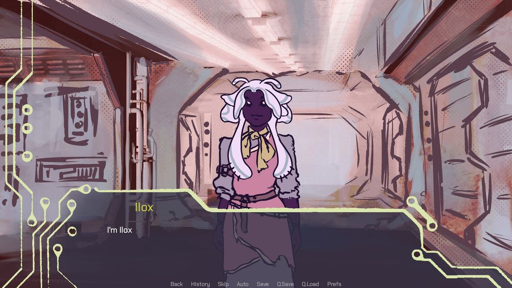 A screenshot from a visual novel. It Shows a purple alien in a scifi hallway. The dialogue reads "I'm Ilox".