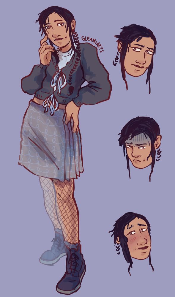 A card suit drawing of a woman. she has three faces and is holding a dagger. She wearing a crown and a red and white historical dress with card suit symbols on it. The middle face grimaces, whilst the two other faces smirk.